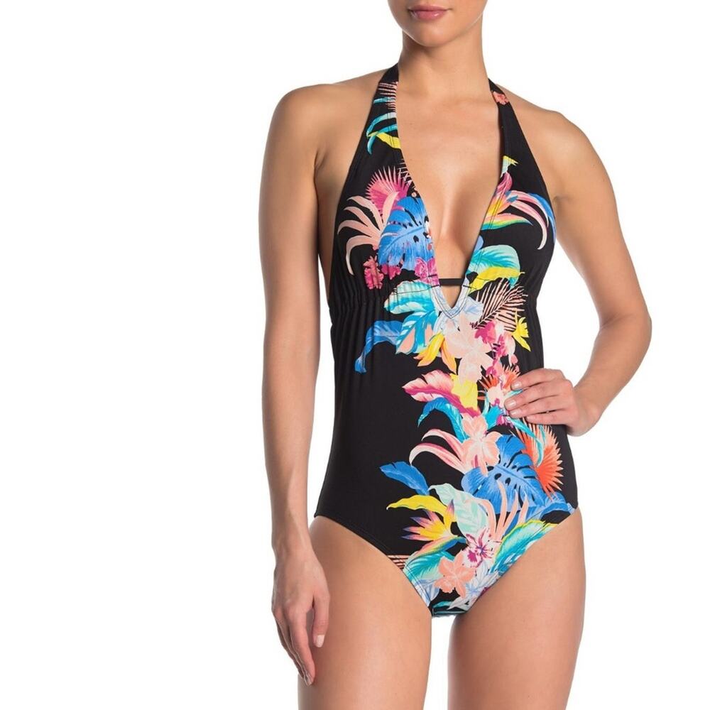 NEW Laundry Shelli Segal One Piece Swimsuit Tropical Black Floral Print Small